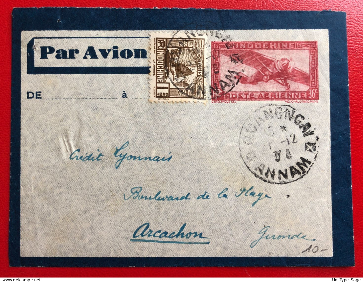 Indochine, Entier-Avion TAD QUANGNGAI, Annam, 1.12.1938, Pour La France - (A522) - Covers & Documents