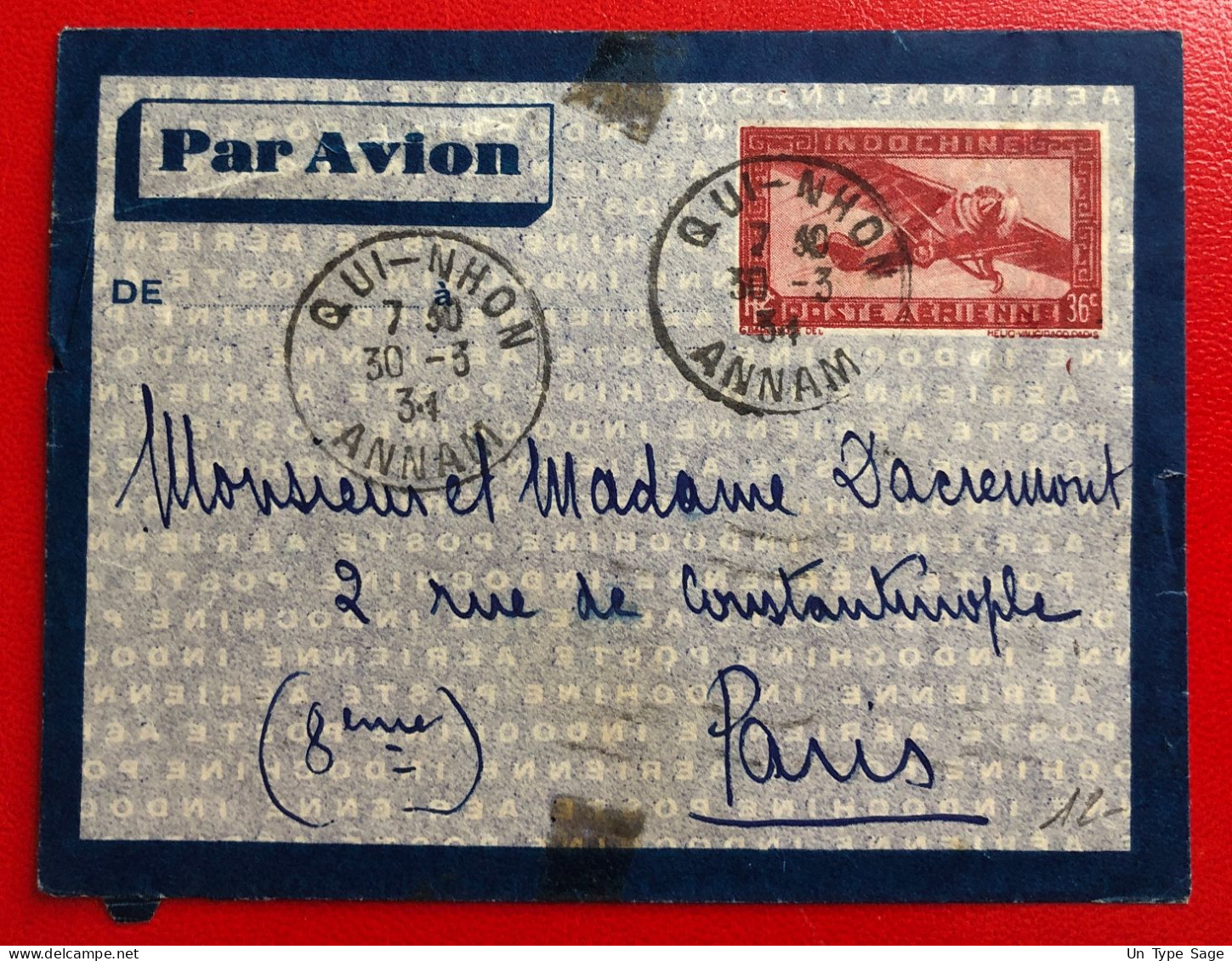 Indochine, Entier-Avion TAD QUI-NHON, Annam, 30.3.1934, Pour La France - (A526) - Cartas & Documentos