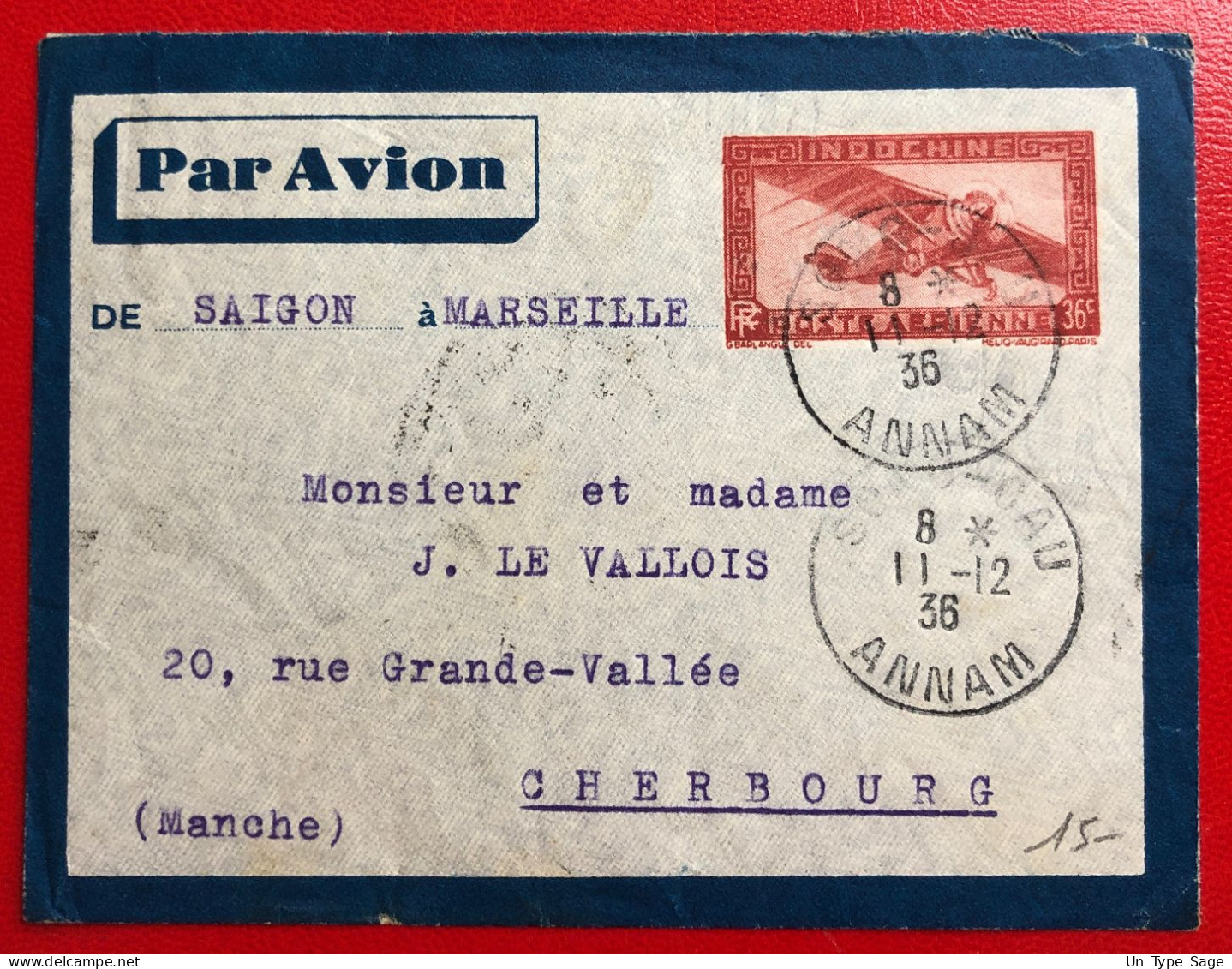 Indochine, Entier-Avion TAD SONG-CAU, Annam, 11.12.1935, Pour La France - (A533) - Cartas & Documentos