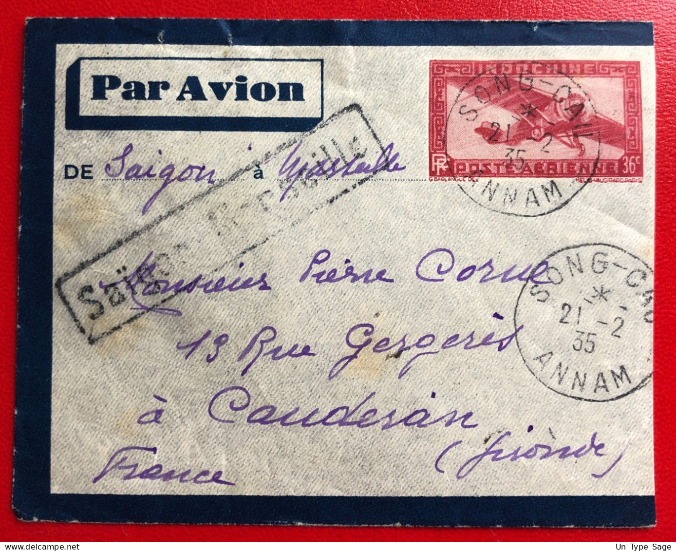 Indochine, Entier-Avion TAD SONG-CAU, Annam, 21.2.1935, Pour La France - (A534) - Cartas & Documentos