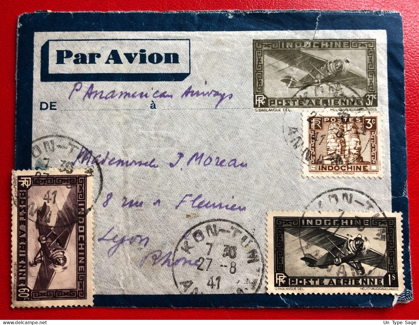 Indochine, Entier-Avion TAD KON-TUM, Annam, 27.8.1941, Pour La France (un Timbre Manquant Au Verso) - (A550) - Cartas & Documentos