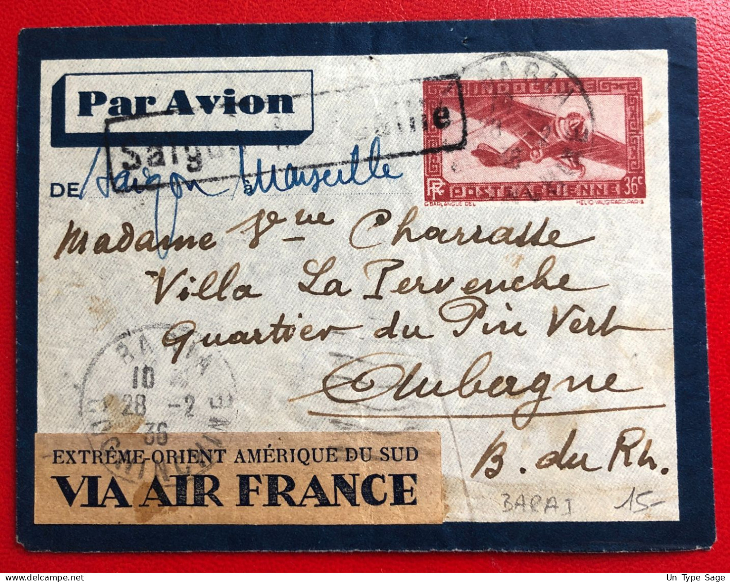 Indochine, Entier-Avion TAD BARIA, Cochinchine, 28.2.1936, Pour La France - (A575) - Briefe U. Dokumente