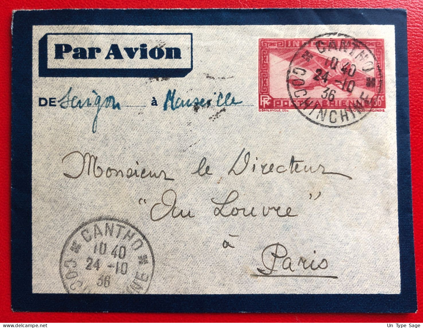 Indochine, Entier-Avion TAD CANTHO, Cochinchine, 24.10.1936, Pour La France - (A617) - Cartas & Documentos