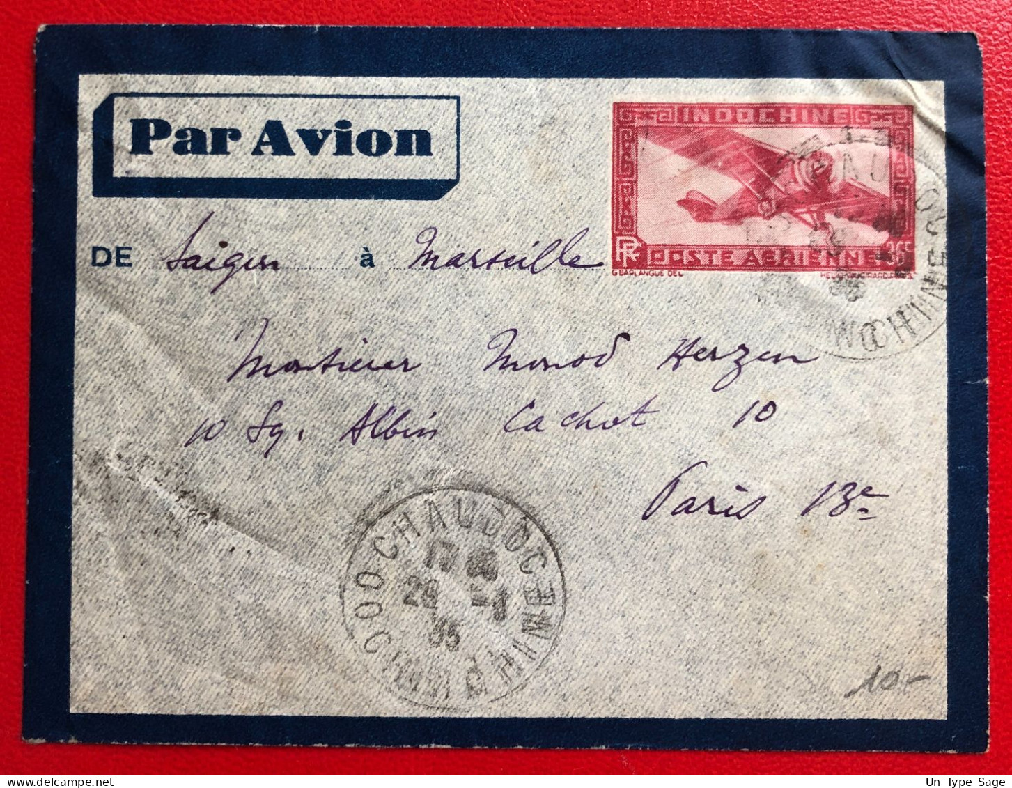 Indochine, Entier-Avion TAD CHAUDOC, Cochinchine, 26.3.1935, Pour La France - (A634) - Covers & Documents
