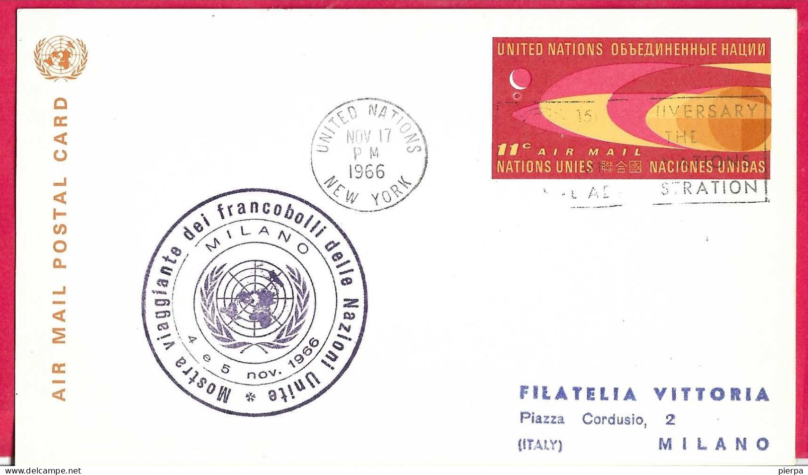 O.N.U. - AIR MAIL POSTAL CARD -MOSTRA VIAGGIANTE DEI FRANCOBOLLI DELLE NAZIONI UNITE- "UNITED NATIONS*NOV 17, 1966*/ NEW - Airmail