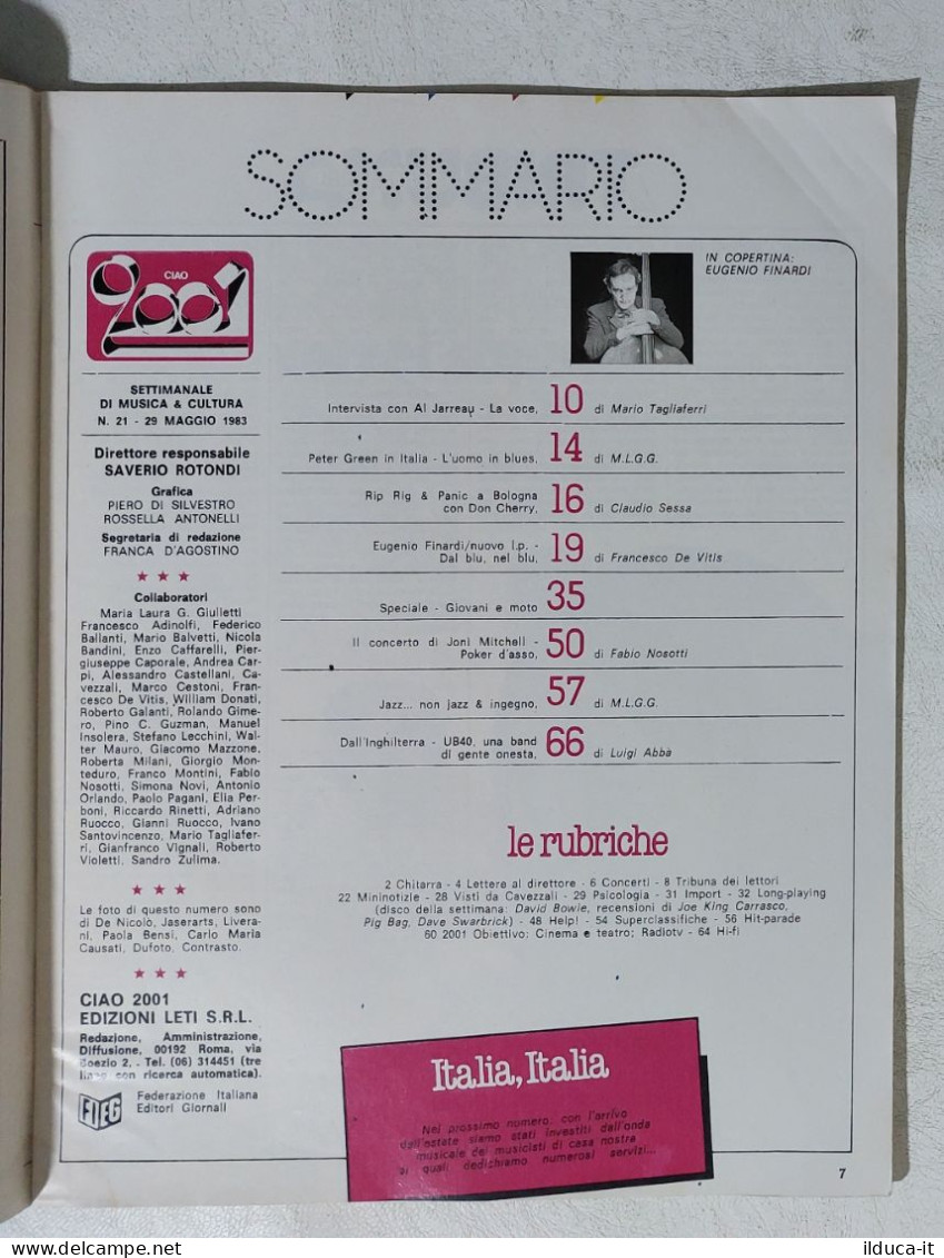 I114708 Ciao 2001 A. XV Nr 21 1983 - Eugenio Finardi / Joni Mitchell / UB40 - Musica