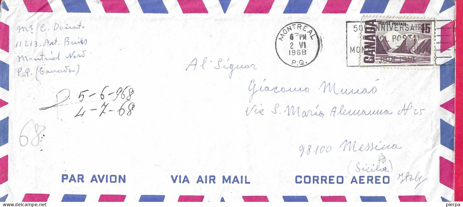 CANADA - BUSTA VIA AEREA FORMATO COMMERCIALE DA MONTREAL *2.VI.1968* PER MESSINA - ANNULLO A TARGHETTA - Airmail