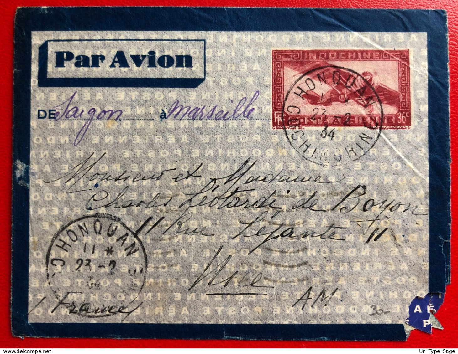 Indochine, Entier-Avion TAD HONQUAN, Cochinchine, 23.2.1934, Pour La France - (A654) - Covers & Documents