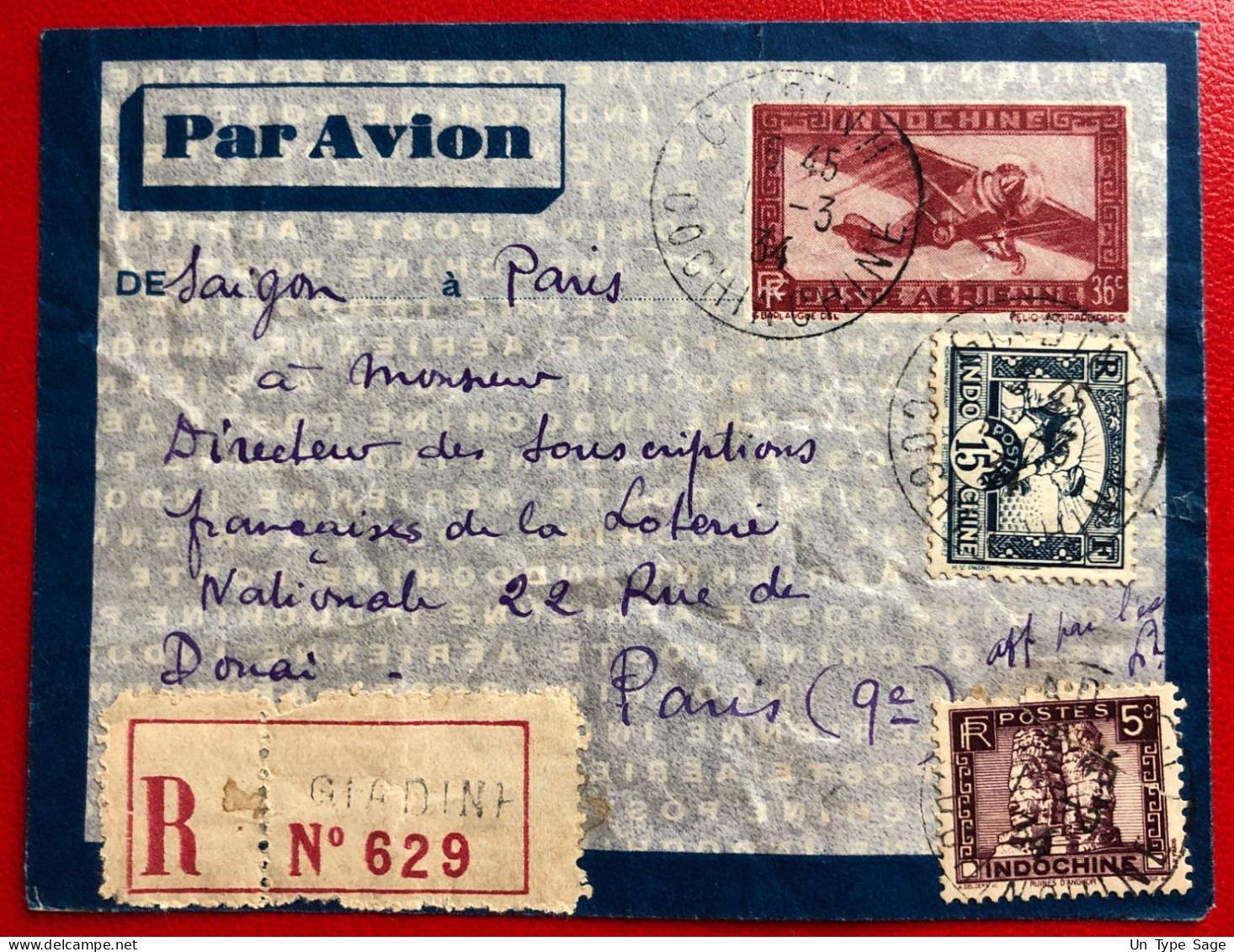 Indochine, Entier-Avion TAD GIADINH, Cochinchine, 1.3.1934, Pour La France - (A673) - Lettres & Documents