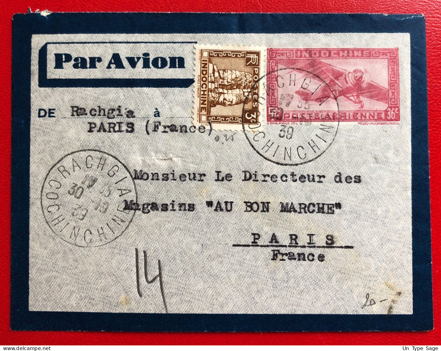 Indochine, Entier-Avion TAD RACHGIA, Cochinchine, 30.10.1939, Pour La France - (A675) - Covers & Documents