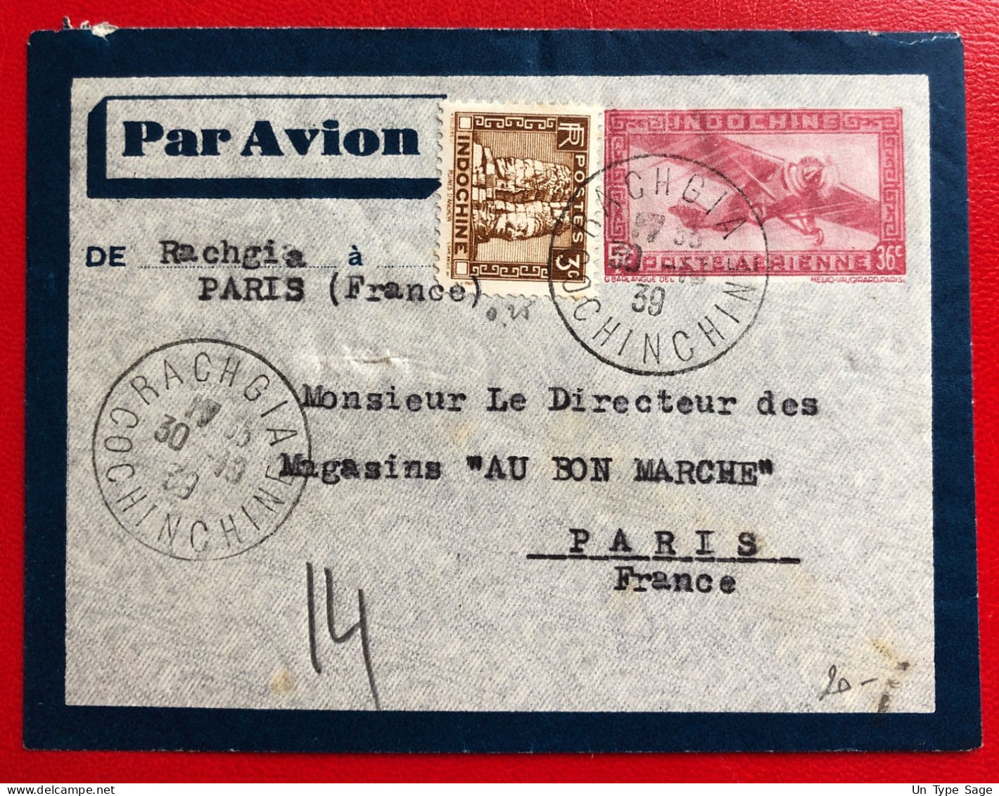 Indochine, Entier-Avion TAD RACHGIA, Cochinchine, 30.10.1939, Pour La France - (A675) - Lettres & Documents