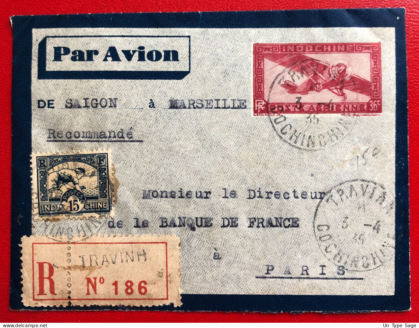 Indochine, Entier-Avion TAD TRAVINH, Cochinchine, 3.4.1935, Pour La France - (A678) - Covers & Documents
