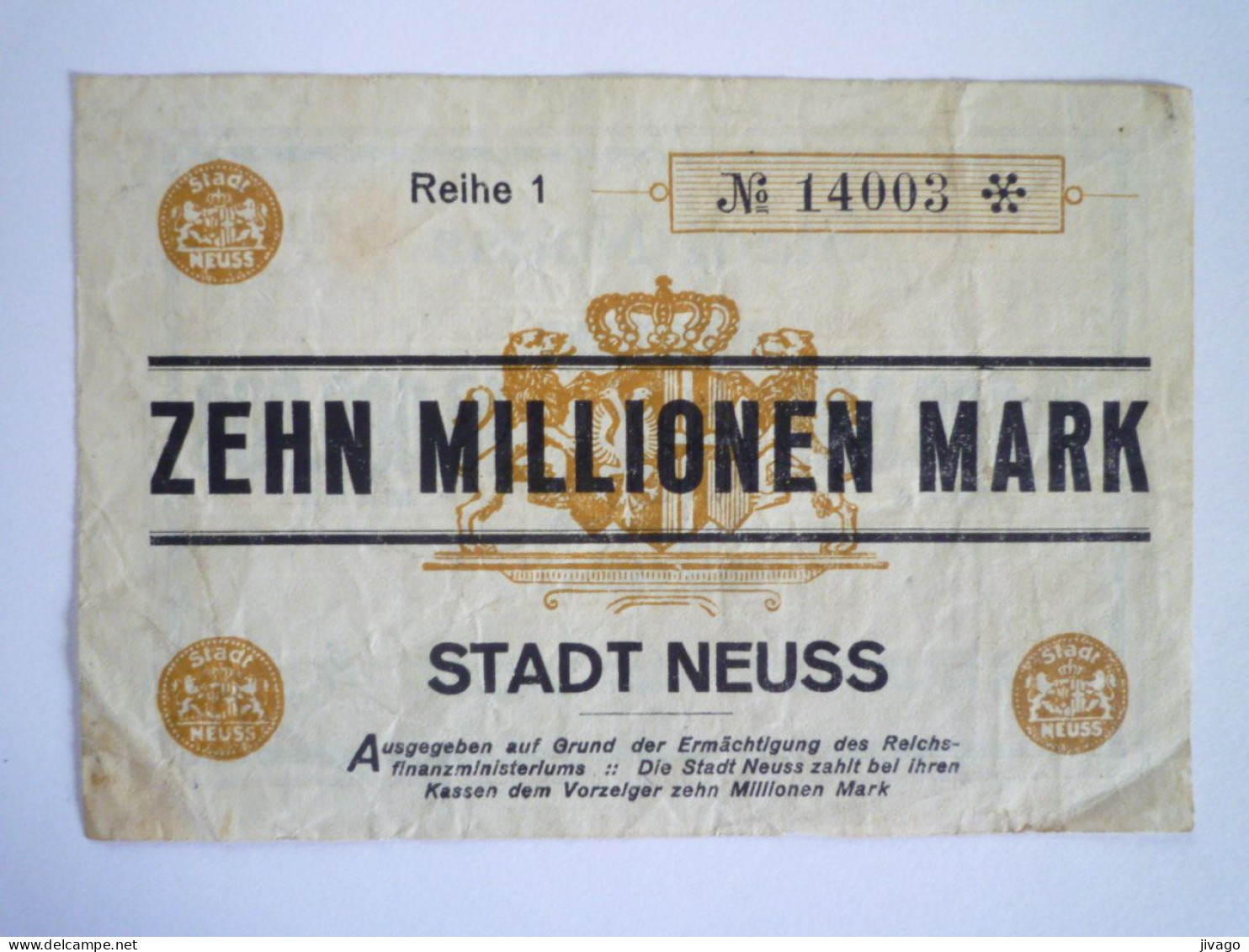 2023 - 1153  BILLET De 10 000 000  MARK  -  STADT  NEUSS  17  SEPT 1923   XXX - 10 Mio. Mark