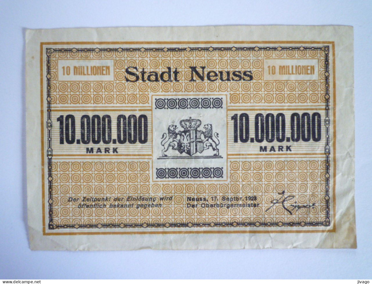 2023 - 1153  BILLET De 10 000 000  MARK  -  STADT  NEUSS  17  SEPT 1923   XXX - 10 Miljoen Mark