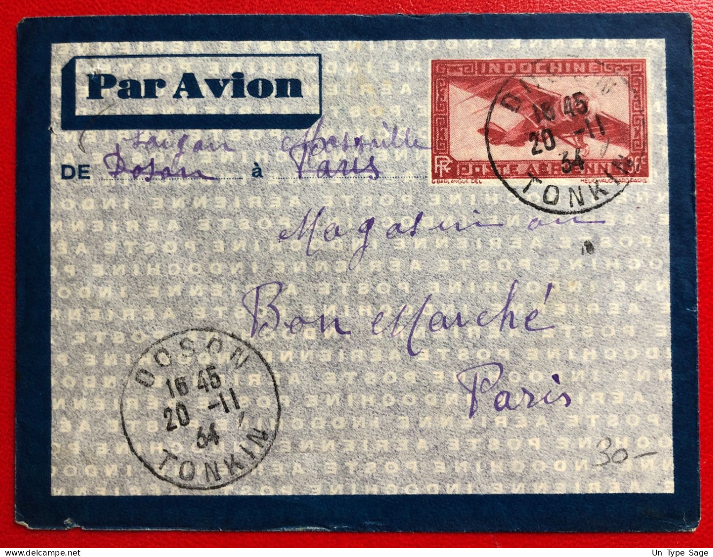 Indochine, Entier-Avion TAD DOSON, Tonkin, 20.11.1934, Pour La France - (A685) - Covers & Documents