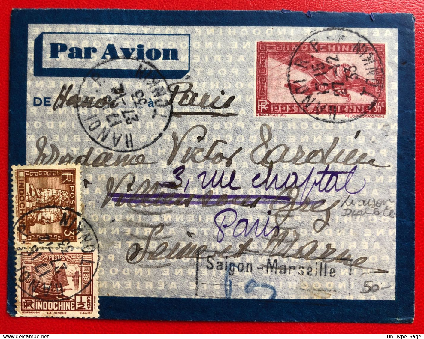 Indochine, Entier-Avion TAD HANOI R.P., Tonkin, 27.12.1933, Pour La France - (A686) - Covers & Documents