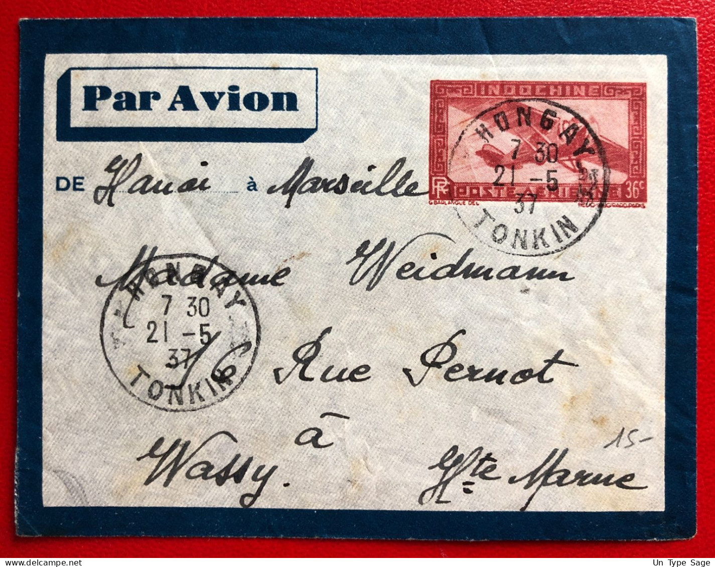 Indochine, Entier-Avion TAD HONGAY, Tonkin, 21.5.1937, Pour La France - (A710) - Covers & Documents