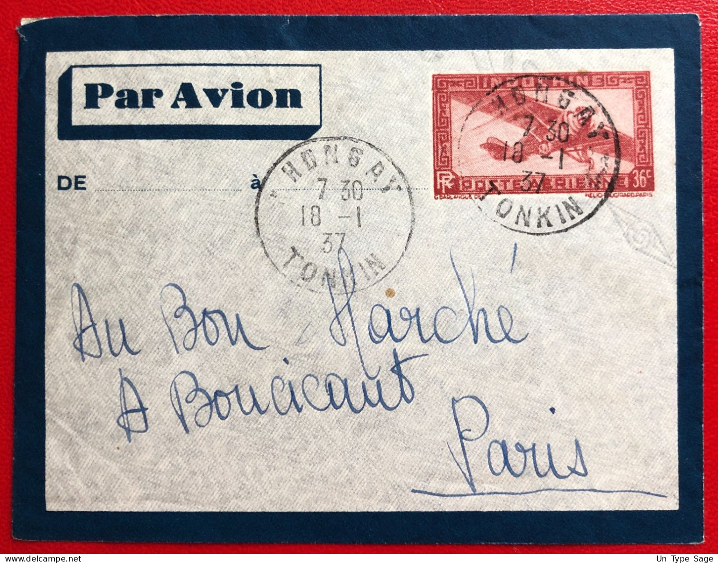 Indochine, Entier-Avion TAD HONGAY, Tonkin, 18.1.1937, Pour La France - (A716) - Covers & Documents