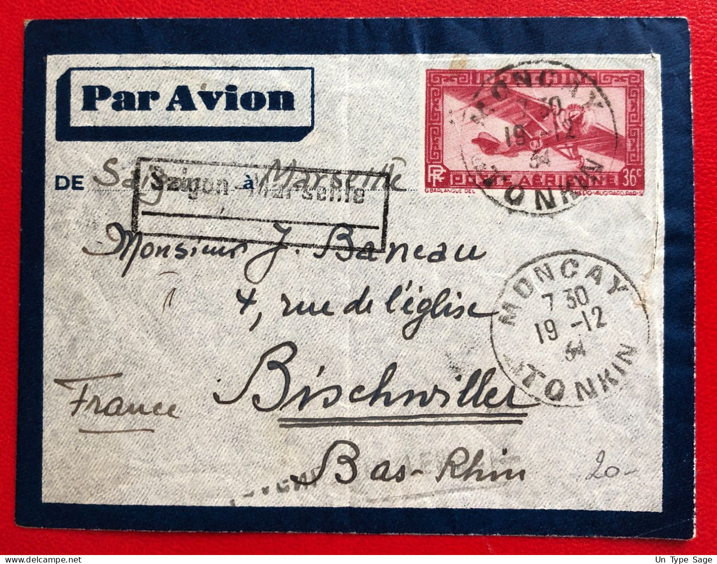 Indochine, Entier-Avion TAD MONCAY, Tonkin, 19.12.1934, Pour La France - (A721) - Covers & Documents