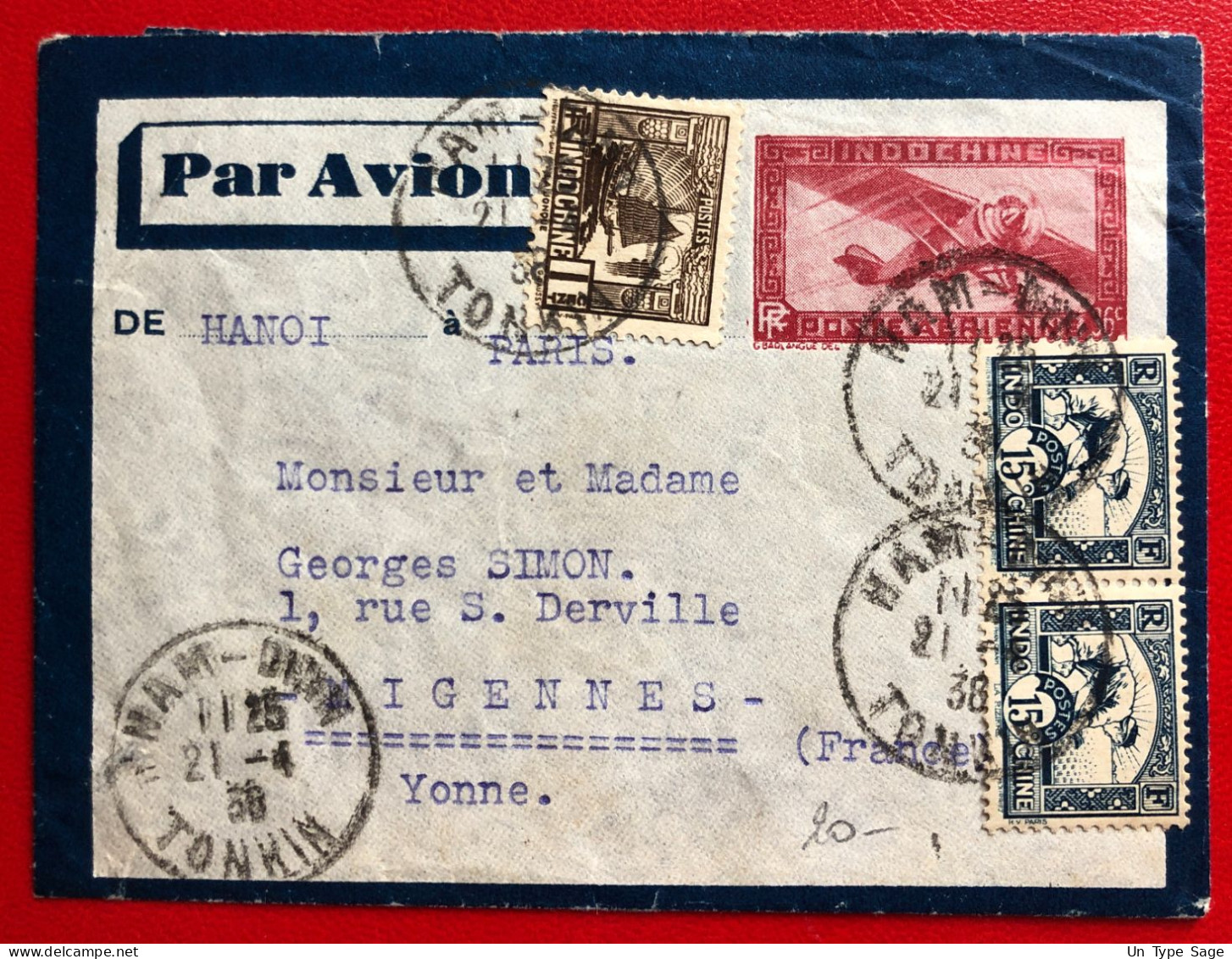 Indochine, Entier-Avion TAD NAM-DINH, Tonkin, 21.4.1938, Pour La France - (A727) - Lettres & Documents
