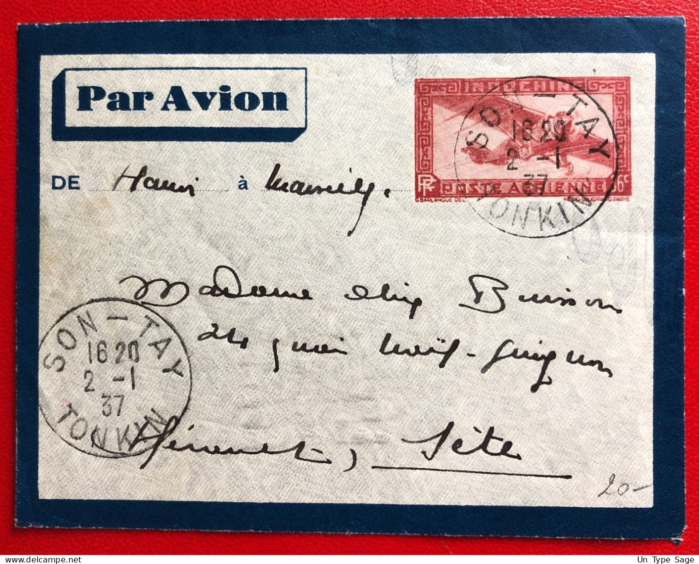 Indochine, Entier-Avion TAD SON-TAY, Tonkin, 2.1.1937, Pour La France - (A736) - Lettres & Documents