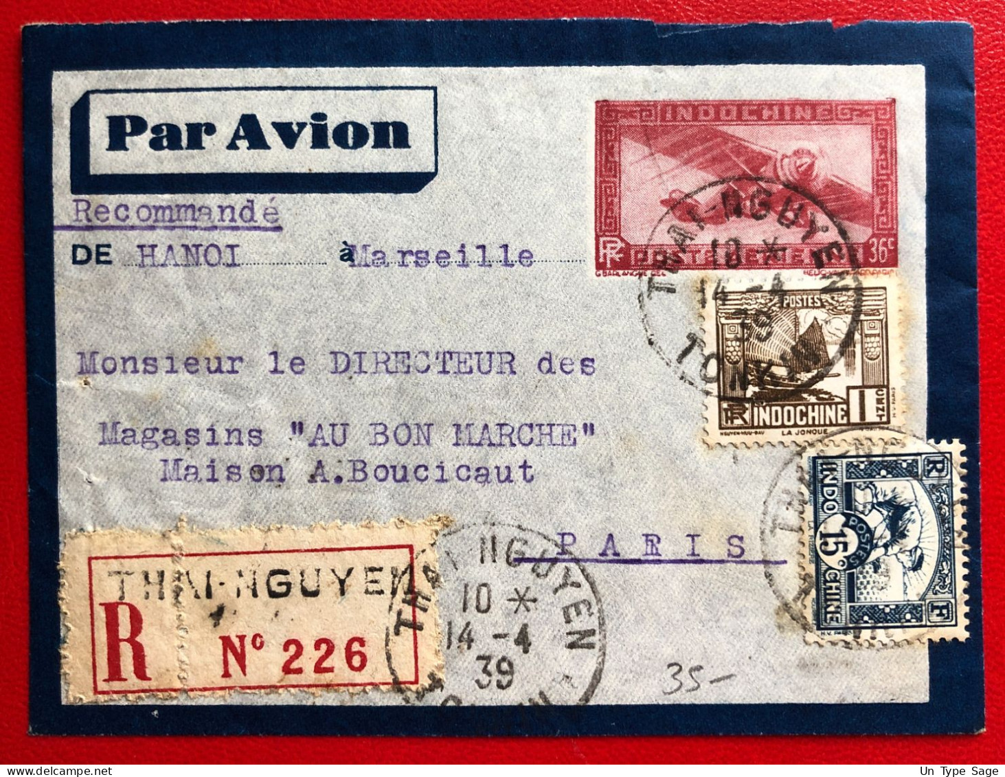 Indochine, Entier-Avion TAD THAN-NGUYEN, Tonkin, 14.4.1939, Pour La France - (A739) - Lettres & Documents
