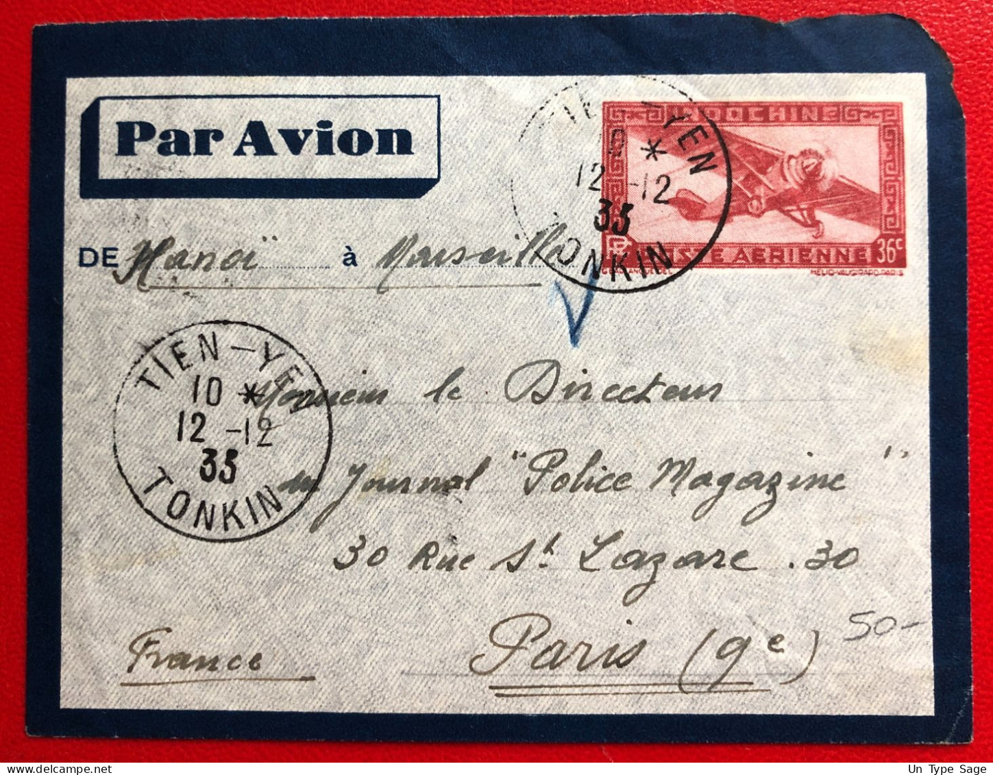 Indochine, Entier-Avion TAD TIEN-YEN, Tonkin, 12.12.1933, Pour La France - (A743) - Lettres & Documents