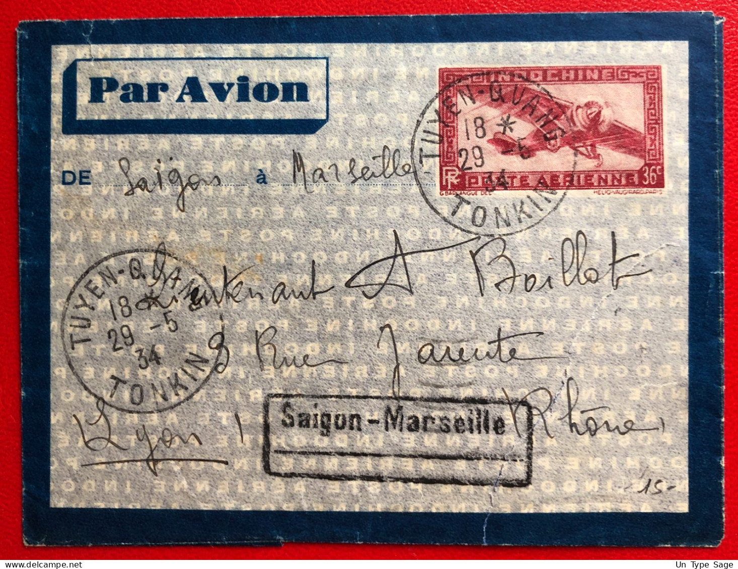 Indochine, Entier-Avion TAD TUYEN-QUANG, Tonkin, 29.5.1934, Pour La France - (A745) - Cartas & Documentos
