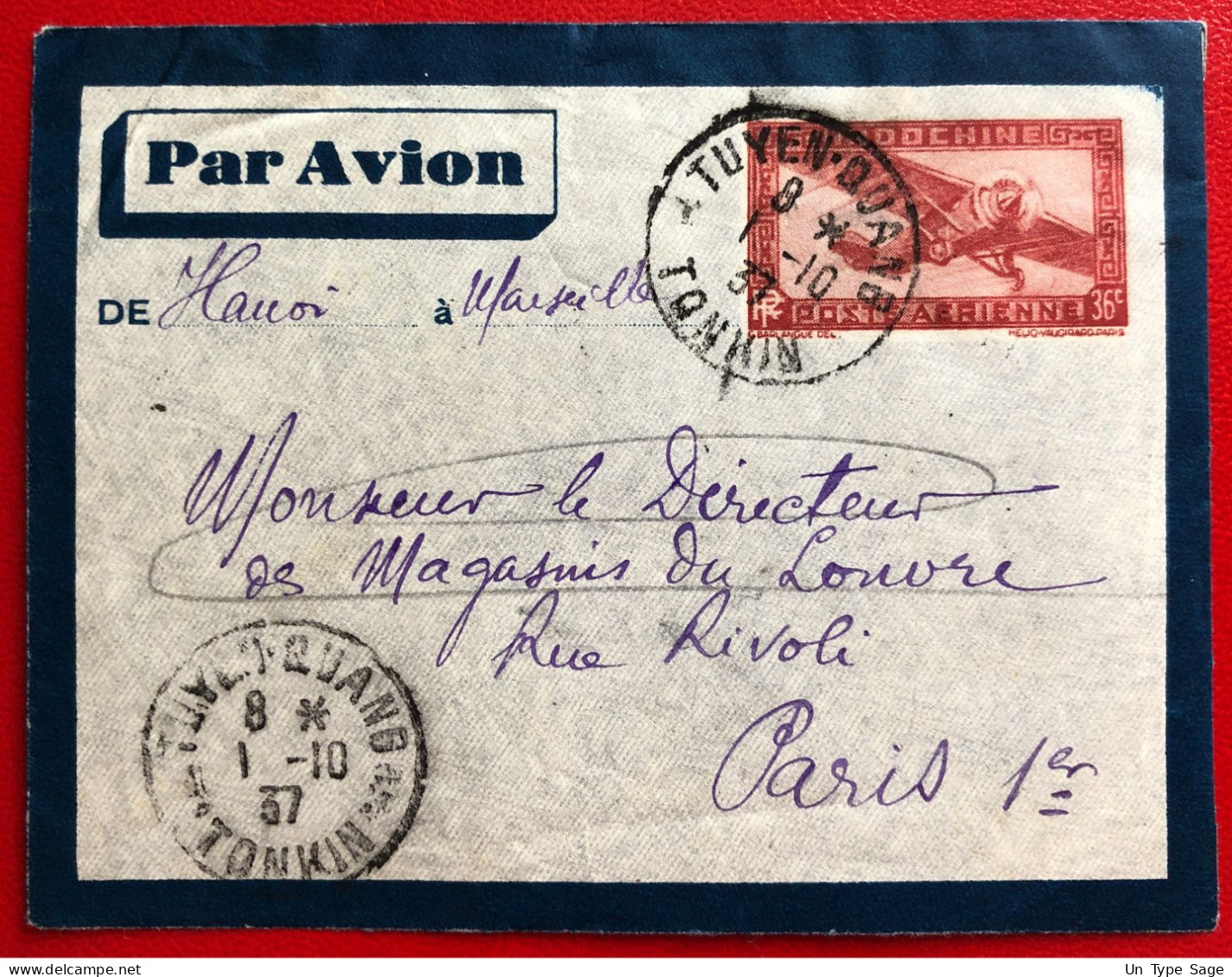 Indochine, Entier-Avion TAD TUYEN-QUANG, Tonkin, 1.10.1937, Pour La France - (A755) - Covers & Documents