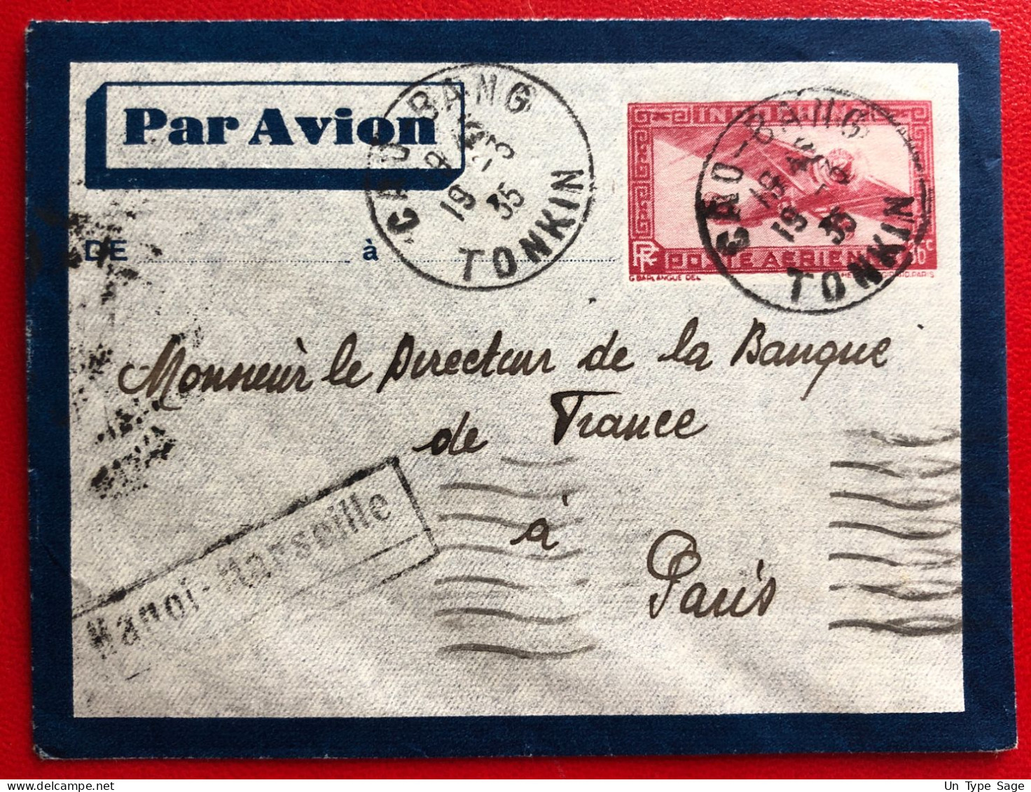 Indochine, Entier-Avion TAD CAO-BANG, Tonkin, 19.3.1935, Pour La France - (A775) - Covers & Documents