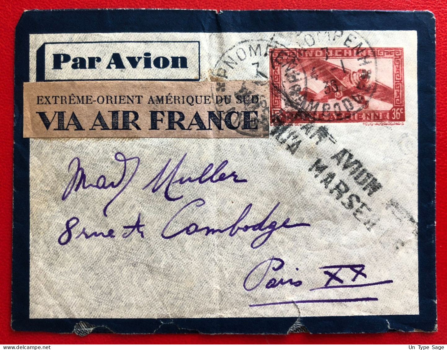 Indochine, Entier-Avion TAD PHNOM PENH, Cambodge, 4.1.1936, Pour La France - (A780) - Lettres & Documents