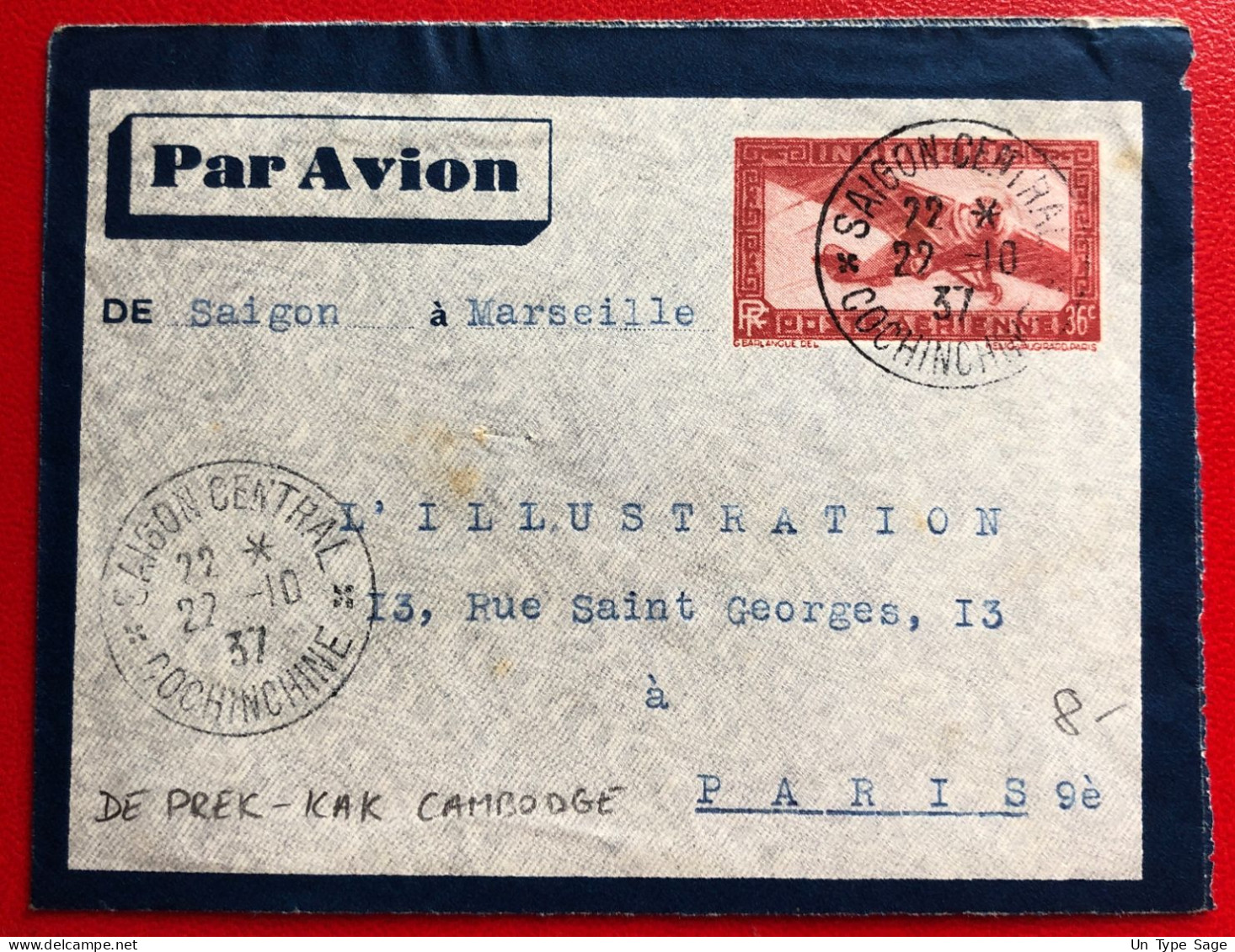 Indochine, Entier-Avion TAD SAIGON CENTRAL, Cochinchine, 27.10.1937, Pour La France - (A784) - Lettres & Documents