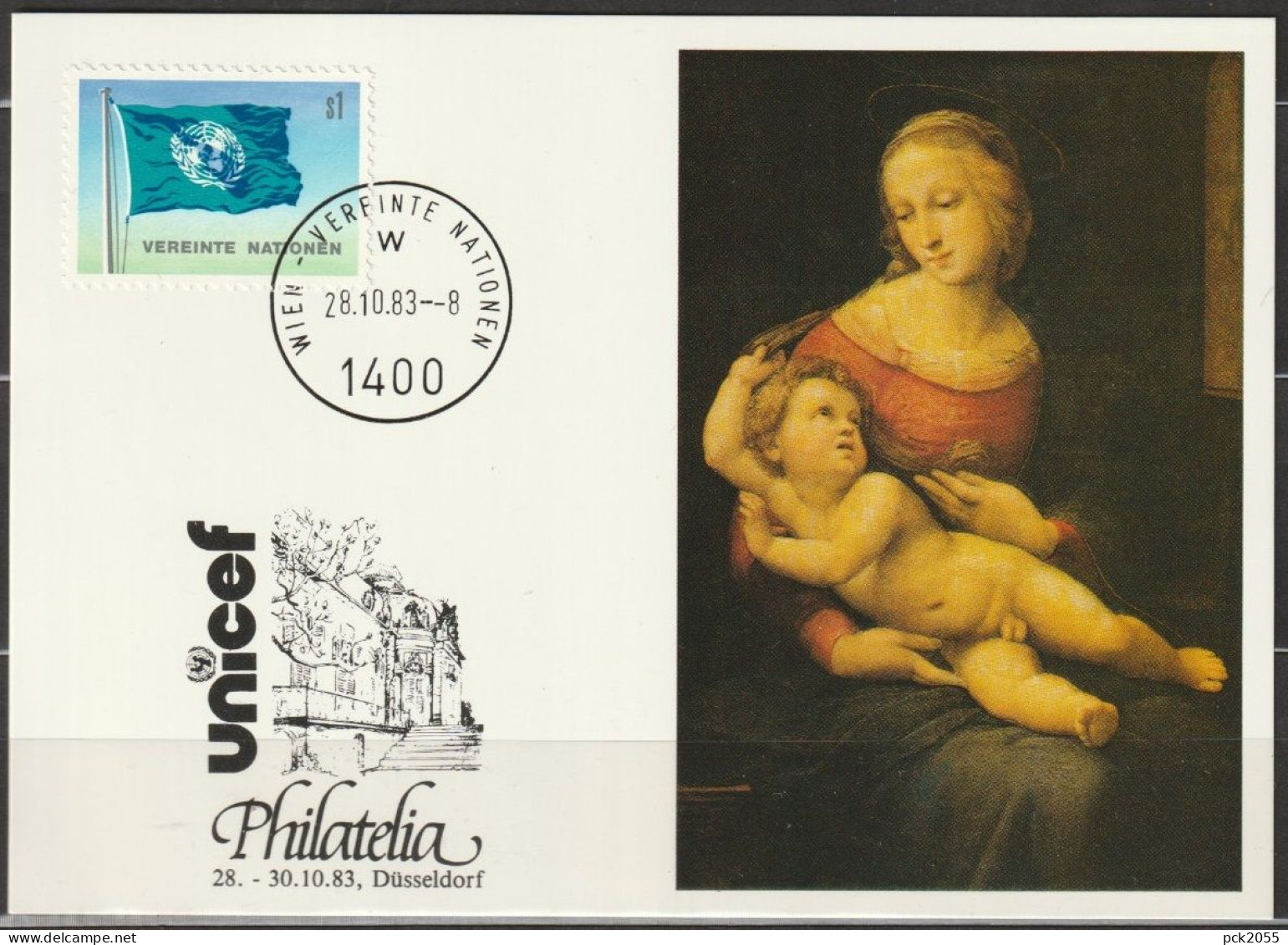 UNO Wien 1983 UNICEF Kunstkarte Sonderstempel Philatelia Düsseldorf MiNr.2   ( D 6998 ) - Cartas & Documentos