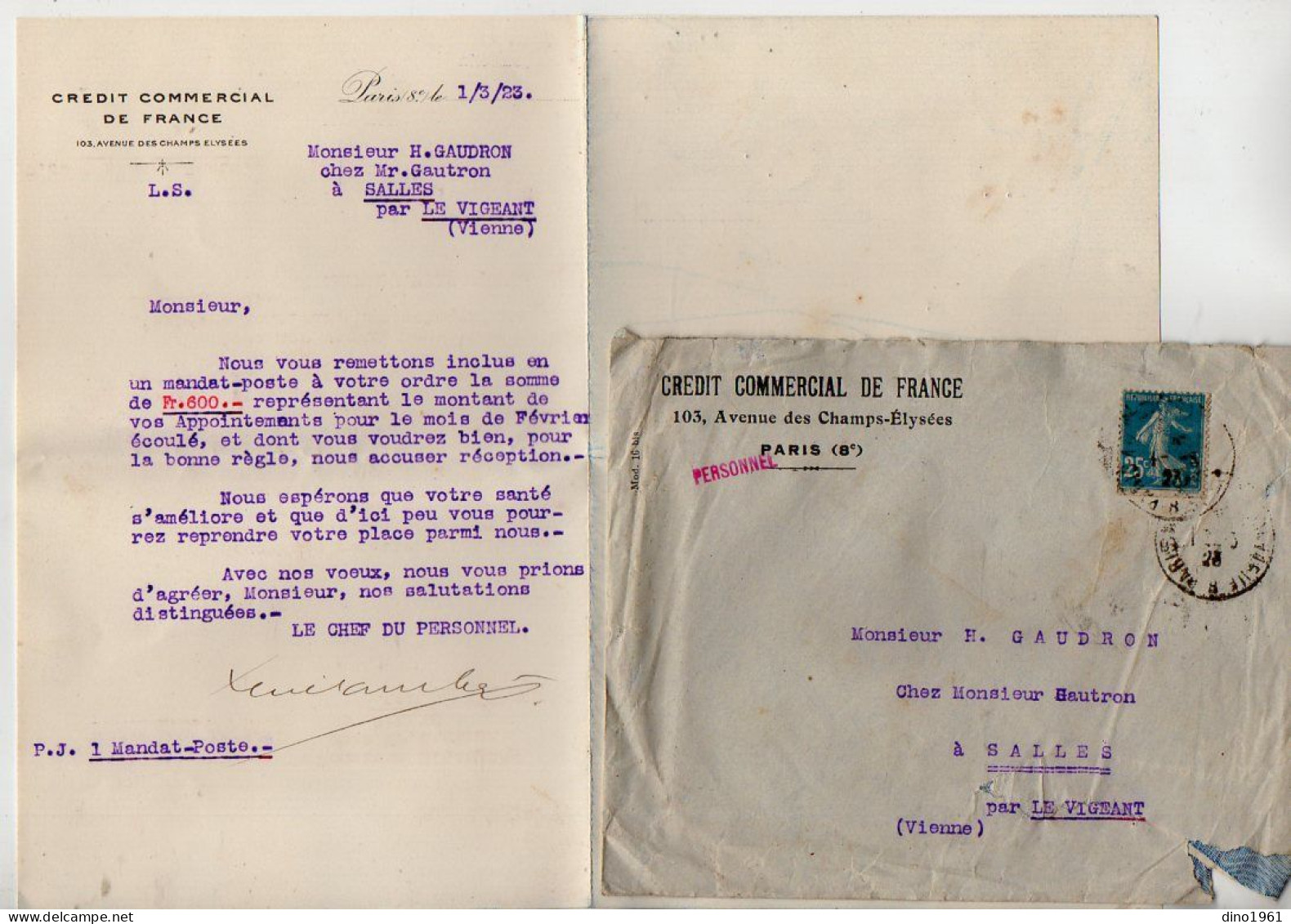 VP22.090 - 1923 - Petit Lot De Documents Du Crédit Commercial De France à PARIS Pour Mr GAUDRON à LE VIGEANT & MILLAC - Banco & Caja De Ahorros