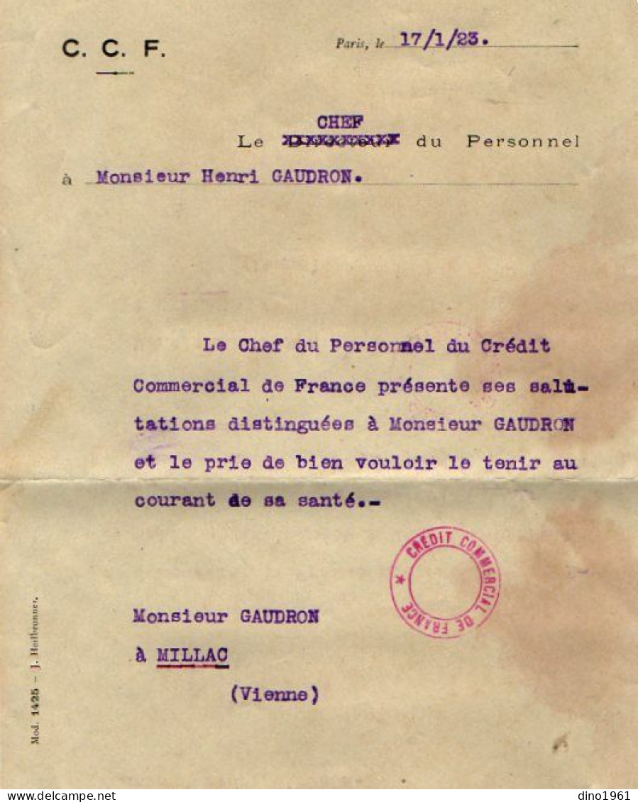 VP22.090 - 1923 - Petit Lot De Documents Du Crédit Commercial De France à PARIS Pour Mr GAUDRON à LE VIGEANT & MILLAC - Banco & Caja De Ahorros