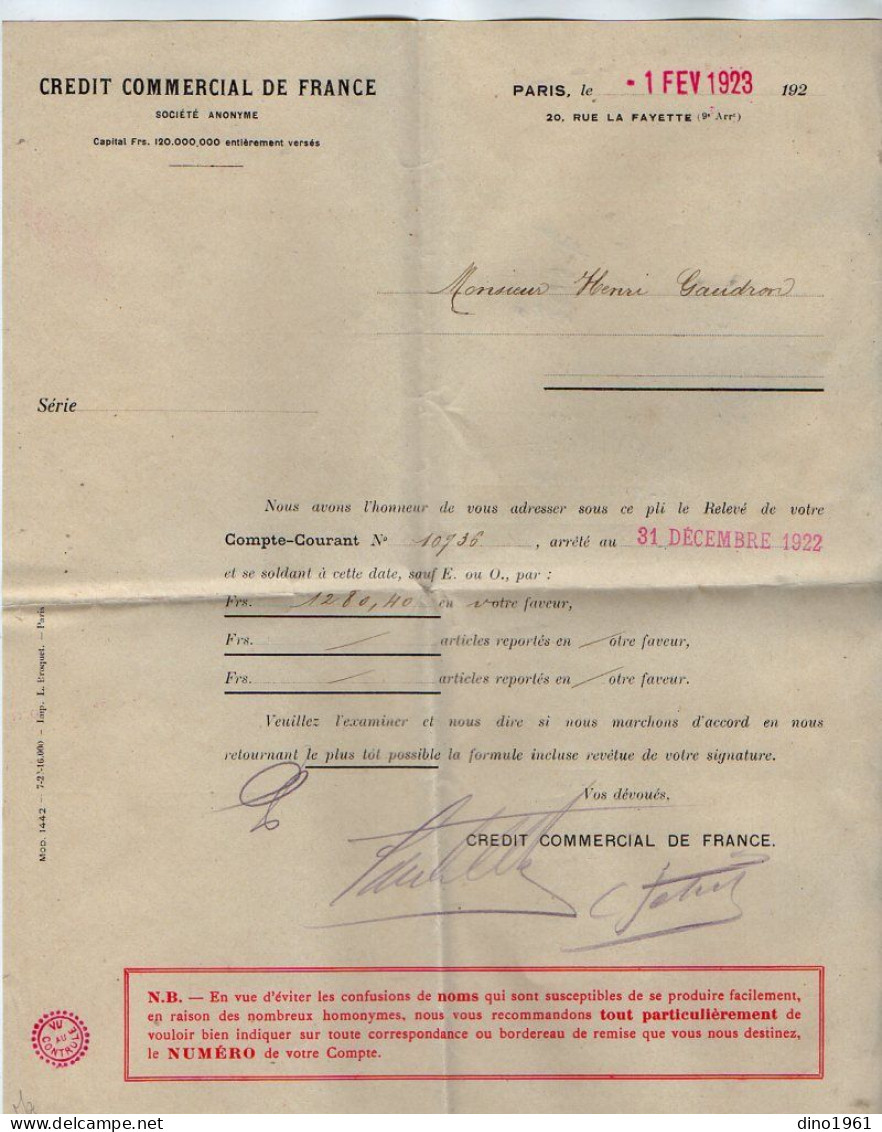 VP22.090 - 1923 - Petit Lot De Documents Du Crédit Commercial De France à PARIS Pour Mr GAUDRON à LE VIGEANT & MILLAC - Banque & Assurance