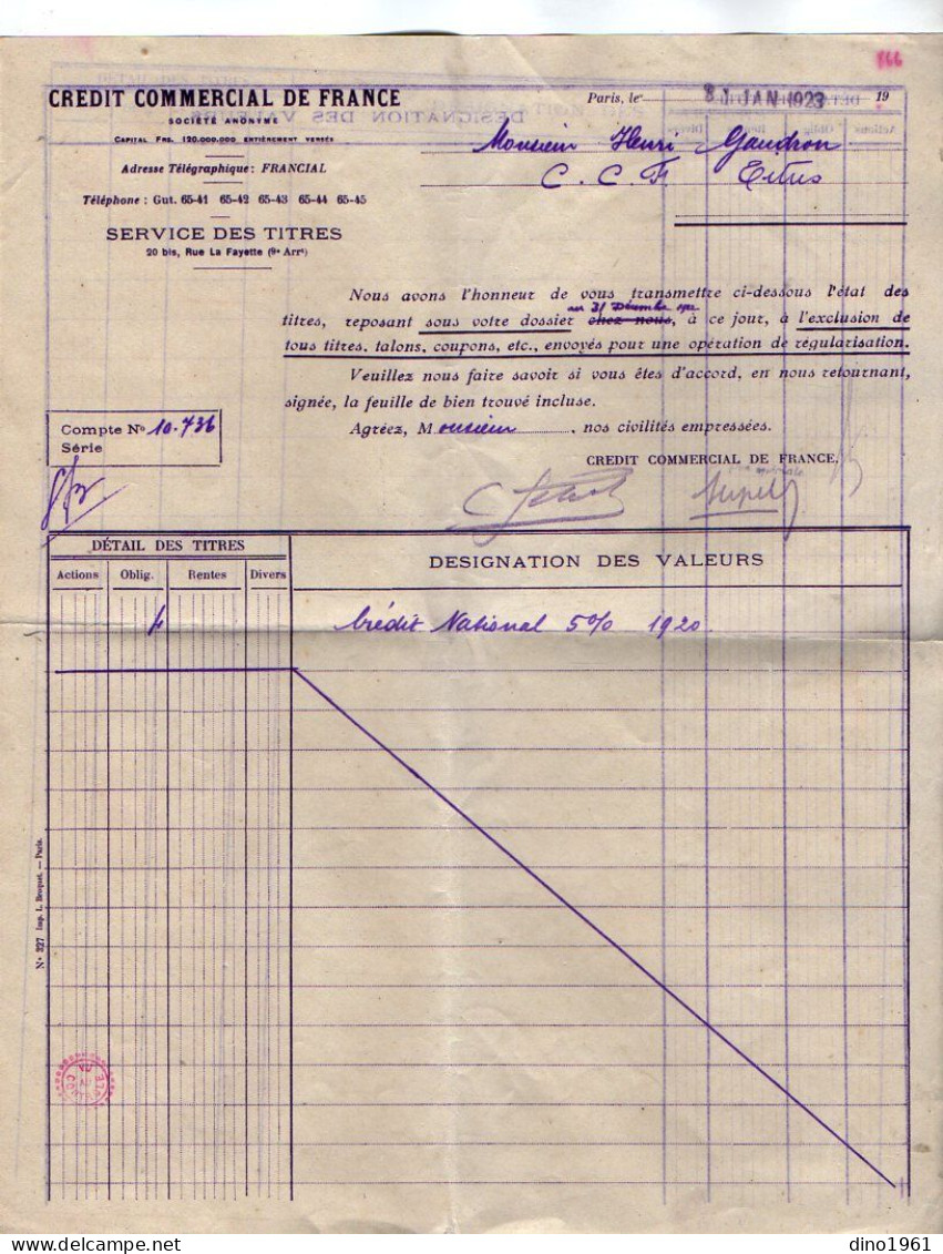 VP22.090 - 1923 - Petit Lot De Documents Du Crédit Commercial De France à PARIS Pour Mr GAUDRON à LE VIGEANT & MILLAC - Banco & Caja De Ahorros