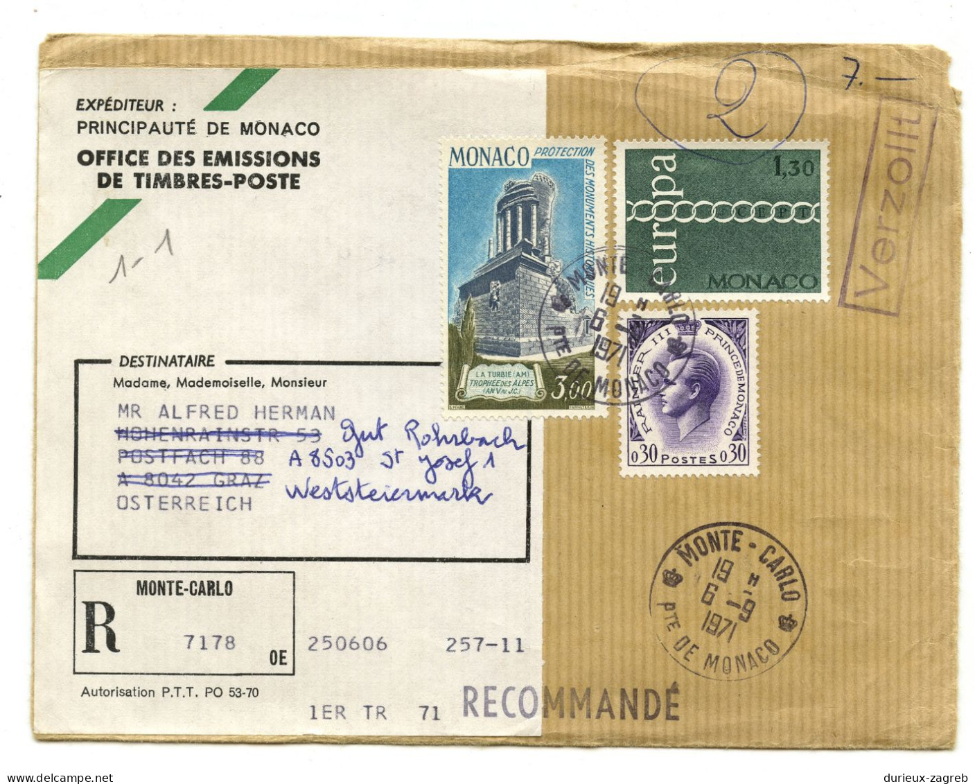 Monaco Letter Cover Posted Registered 1971 To Austria B230510 - Cartas & Documentos