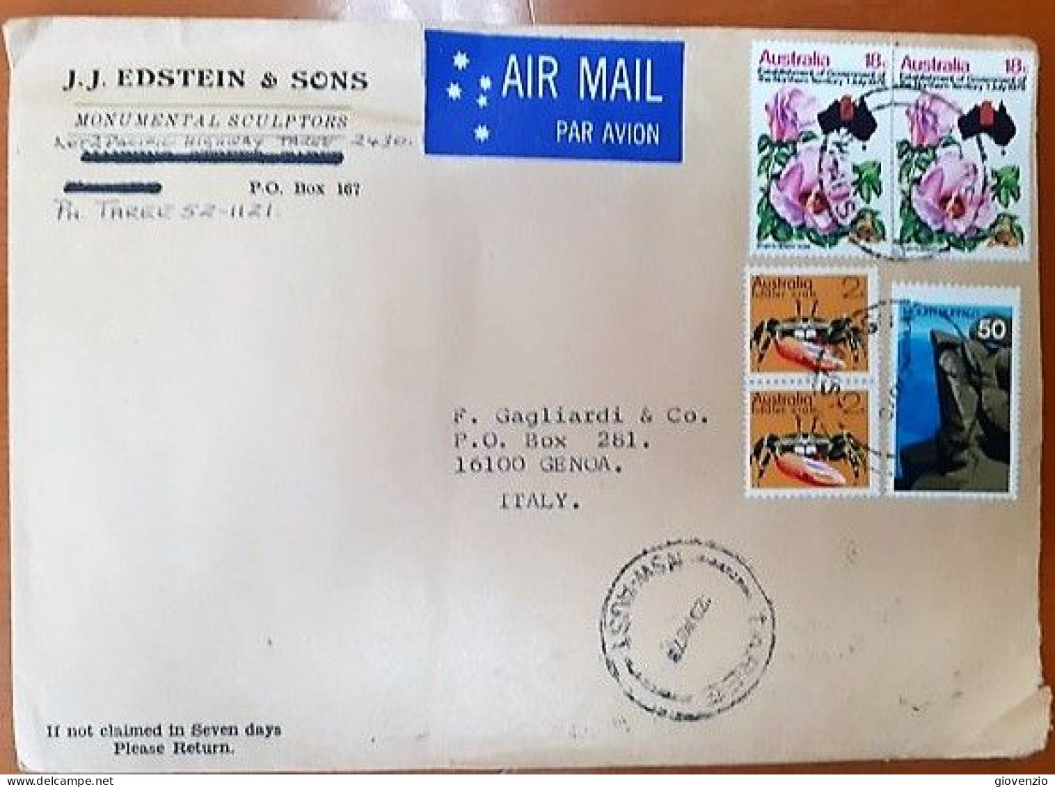 AUSTRALIA  1978  AIR MAIL COVER TO ITALY - FLOWERS AND CRABS STAMPS - Storia Postale