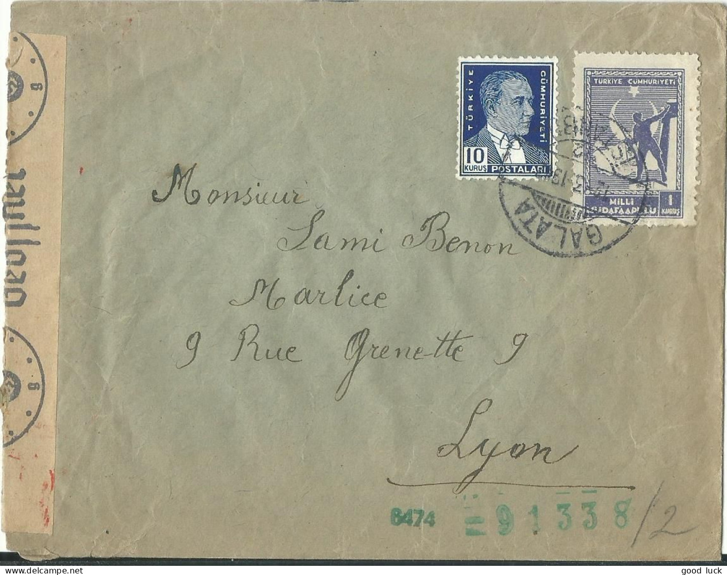 TURQUIE 11K SUR LETTRE DE GALATA ( ISTANBUL ) POUR LYON ( RHONE ) MARQUE DE CONTROLE CENSURE DE 1942 LETTRE COVER - Briefe U. Dokumente