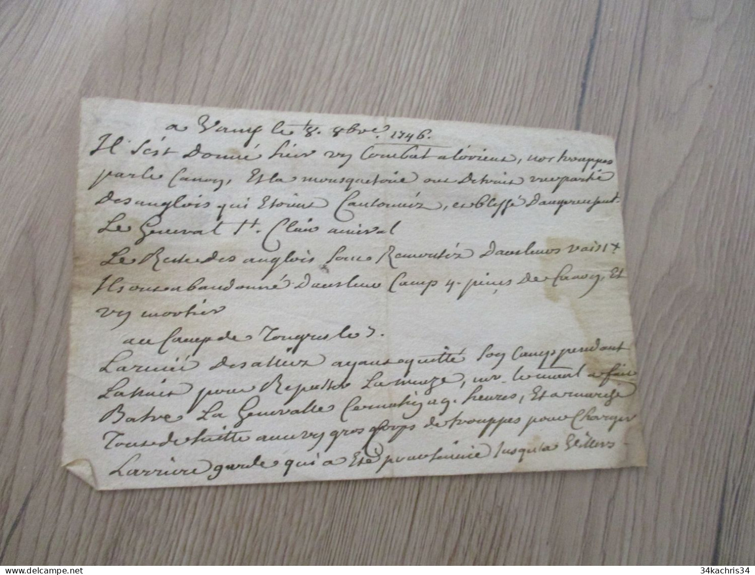 Miliraria Récit Militaire Manuscrit Lorient Camp De Langres Guerre Contre Les Anglais Mousquetaire...  1746 - Documenten