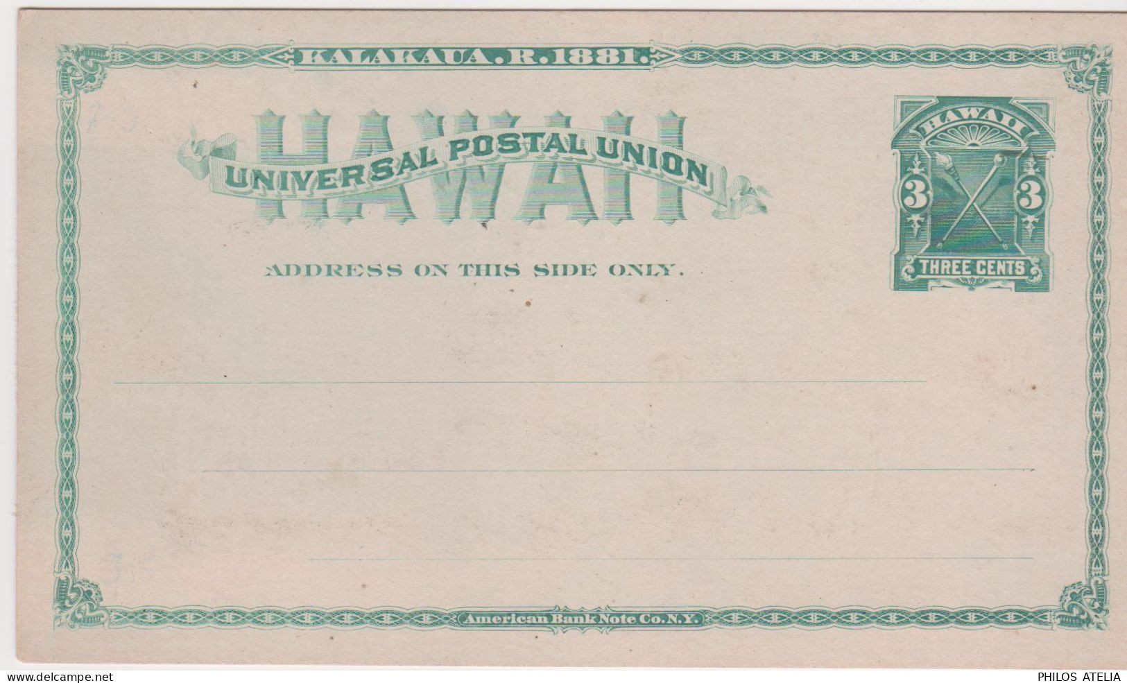 Hawaï Entier 3 Cent Vert Kalakaua R 1881 UPU - Hawaii