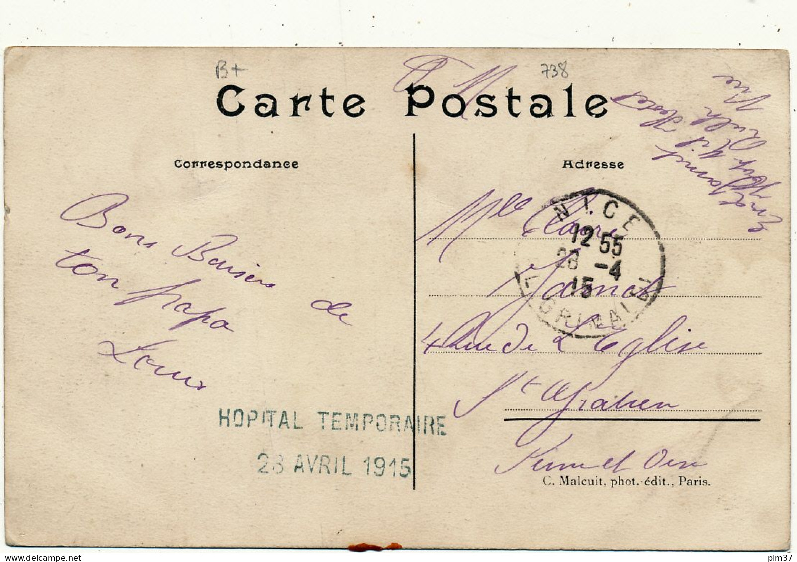NICE - Griffe Postale Militaire "Hôpital Temporaire, 1915", Hôtel Rulh Sur CPA, WW1 - Health, Hospitals