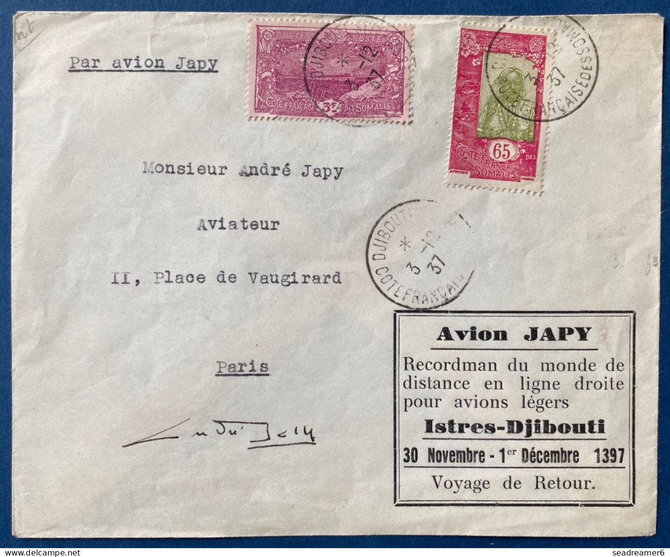 1937 Cote Des Somalis N°129 & 136 Lettre Par Avion JAPY Raid ISTRES DJIBOUTI Adréssée à ANDRÉ JAPY Et Signé Par Lui ! - Cartas & Documentos