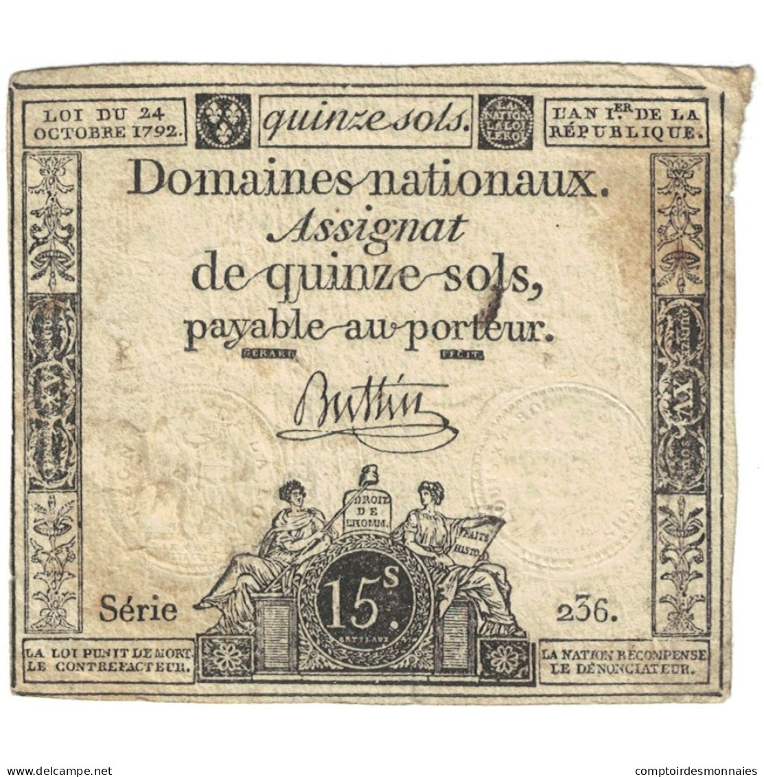 France, 15 Sols, 1793, Serie 236, TB+, KM:A69b, Lafaurie:166 - Assignats & Mandats Territoriaux