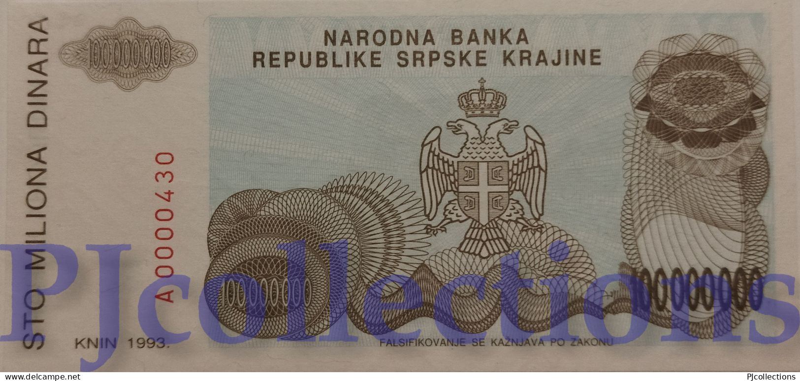 CROATIA 100 MILLION DINARA 1993 PICK R25 UNC LOW SERIAL NUMBER "A0000430" - Croatie