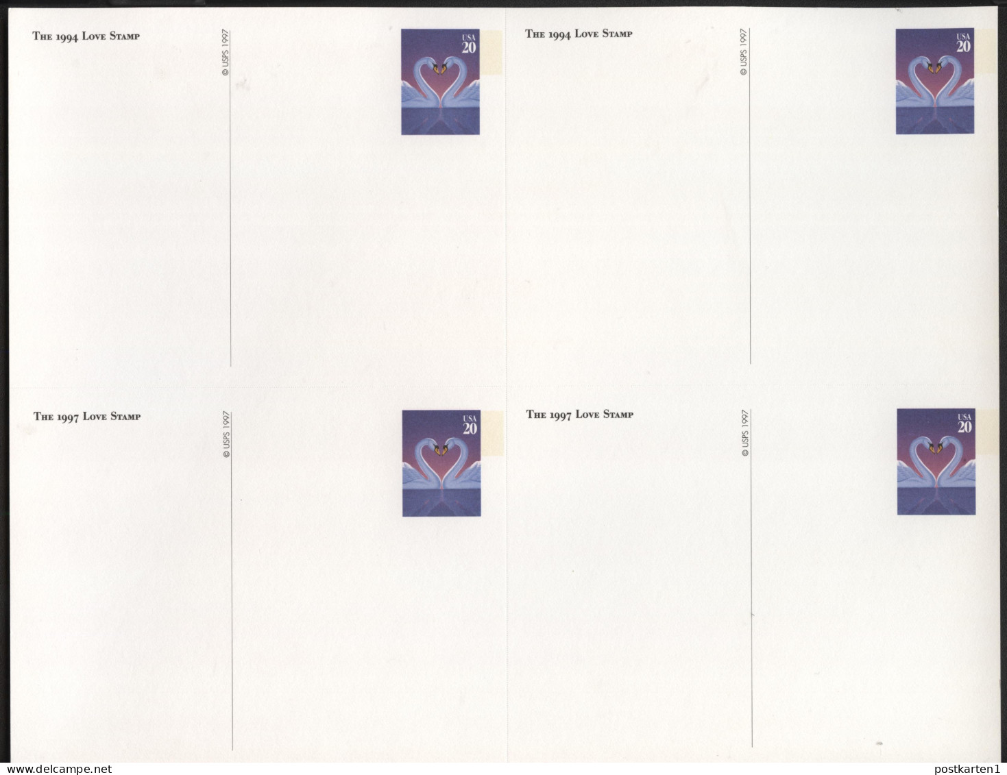 UX279 Postal Cards 2 Sheetlets Of Four LOVE SWANS 1997 Cat.$32.00 - 1981-00