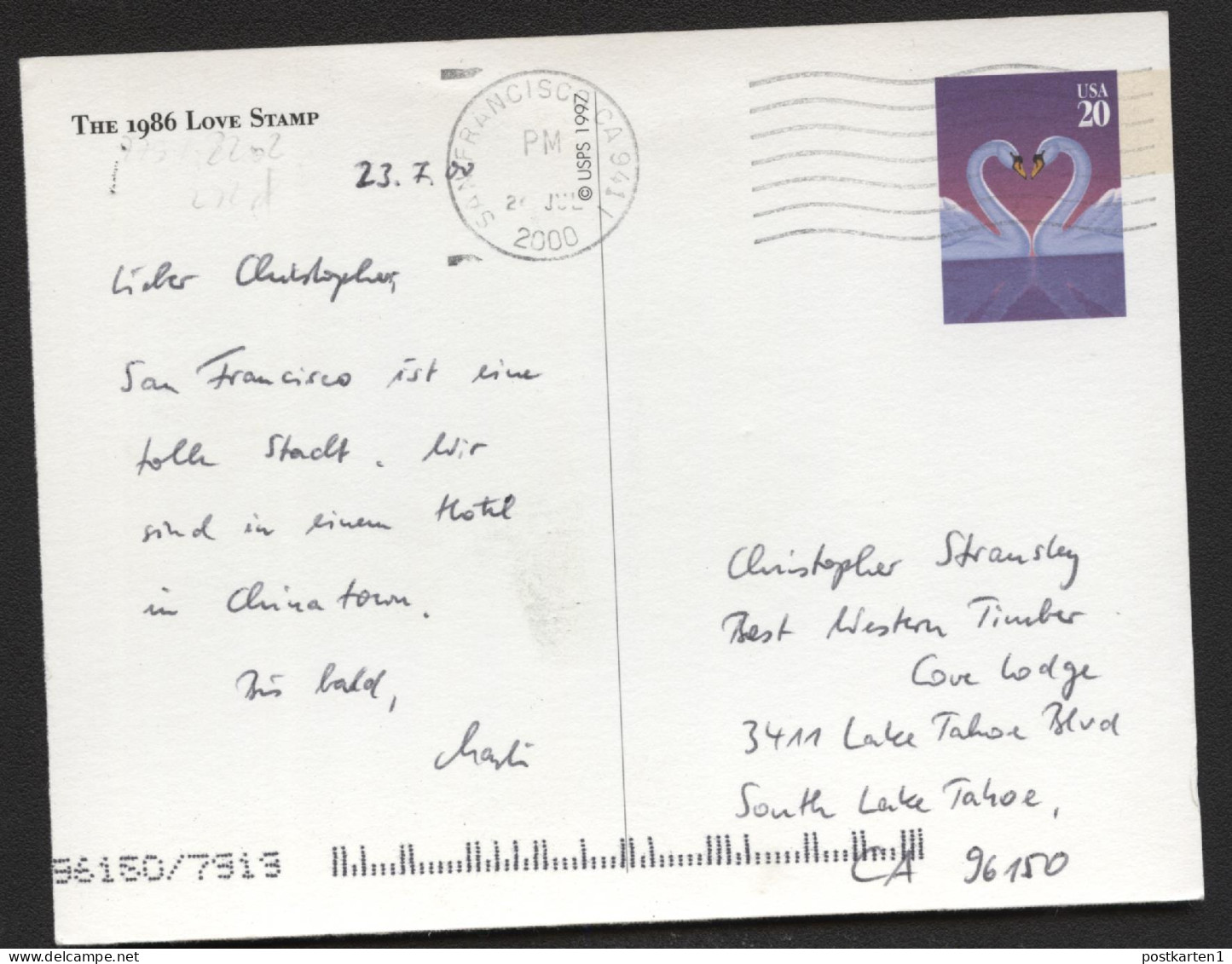 UX279-2202 Postal Card LOVE SWANS San Francisco CA To South Lake Tahoe CA 2000 - 1981-00