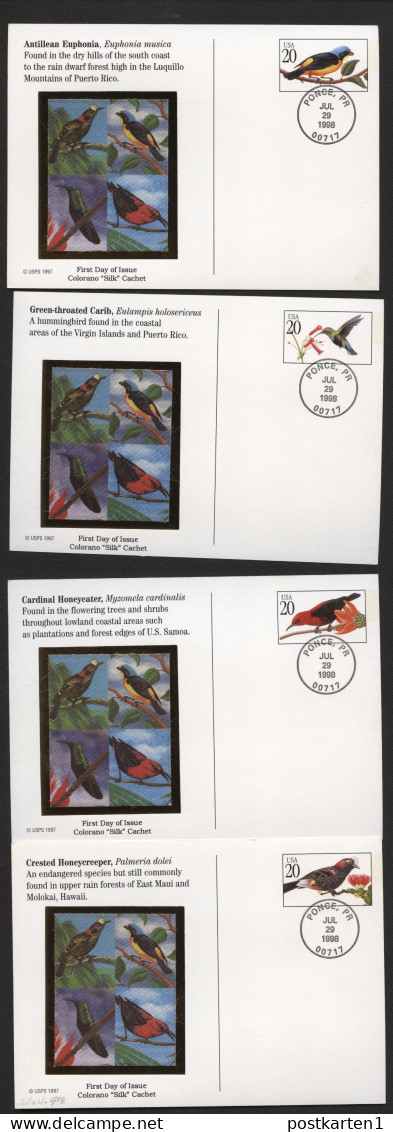 UX293-96 TROPICAL BIRDS FDC Colorano Silk Cachets 1998 - 1981-00