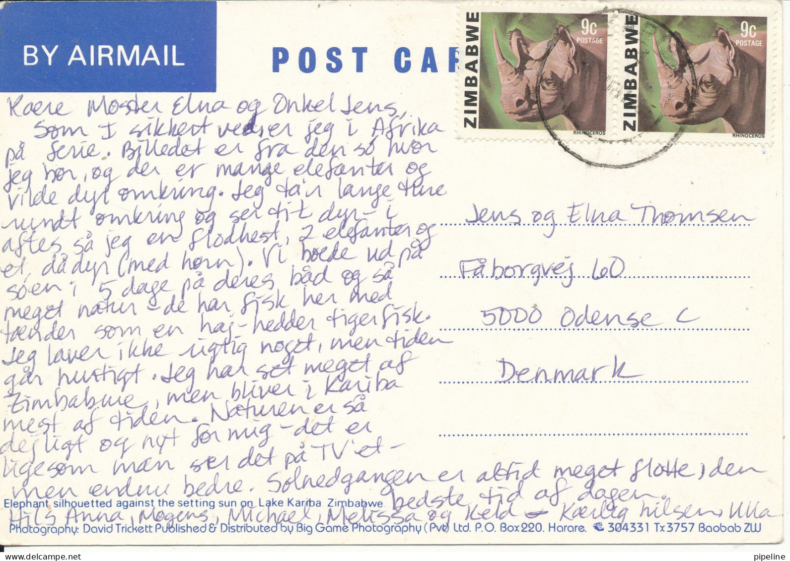 Zimbabwe Postcard Sent To Denmark (Elephants At Lake Kariba) - Simbabwe